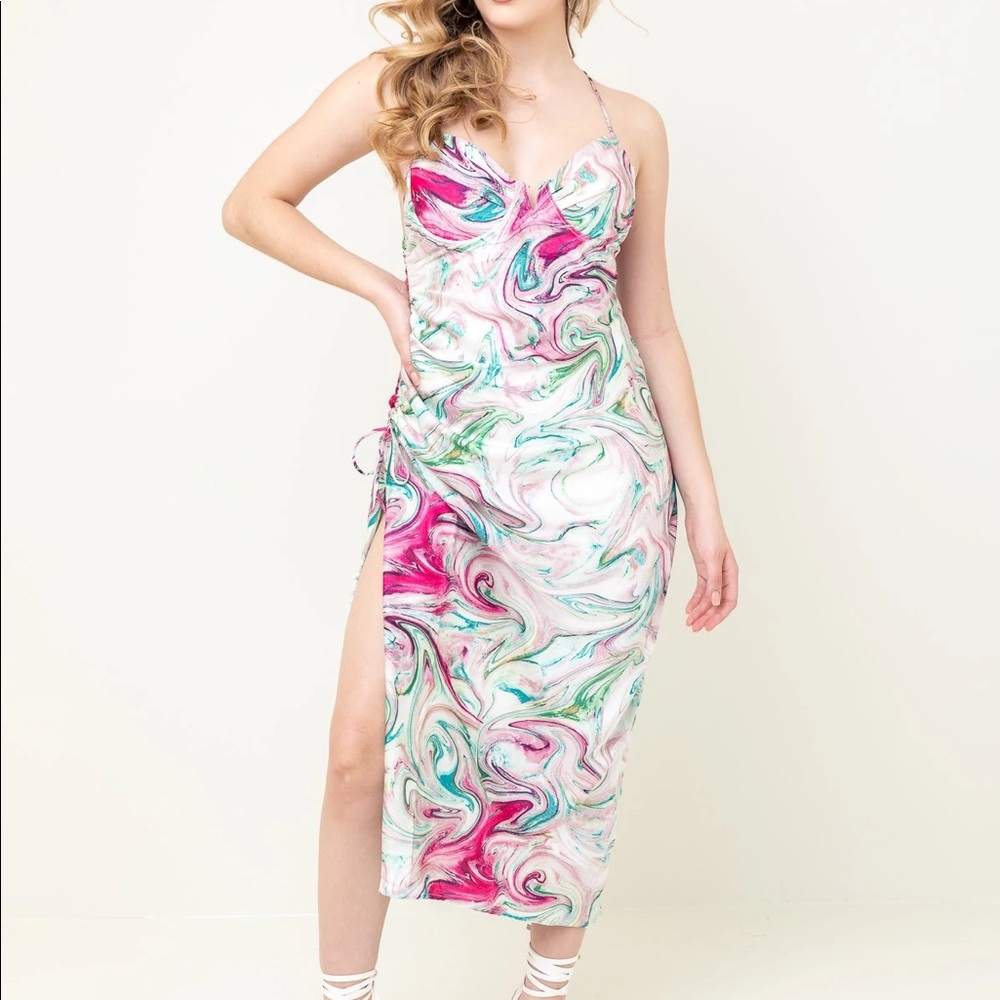 Acoa satin swirl midi slip dress